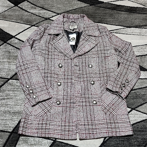 BKE WOOL PLAID PATTERNED SILVER BUTTON-DOWN PEA COAT BUCKLE - Picture 1 of 16